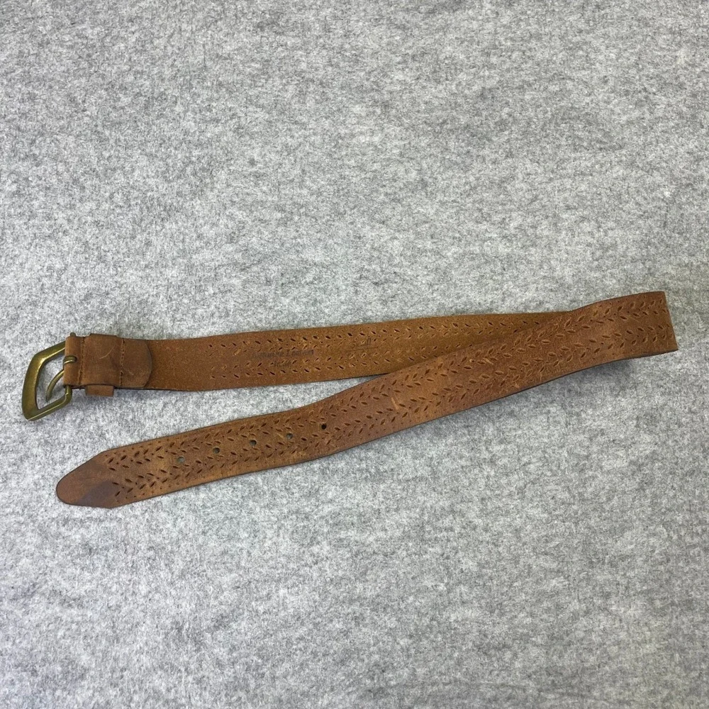 Womens Brown Genuine Leather Perforated Floral Belt 30''xDistressed Brass Buckle